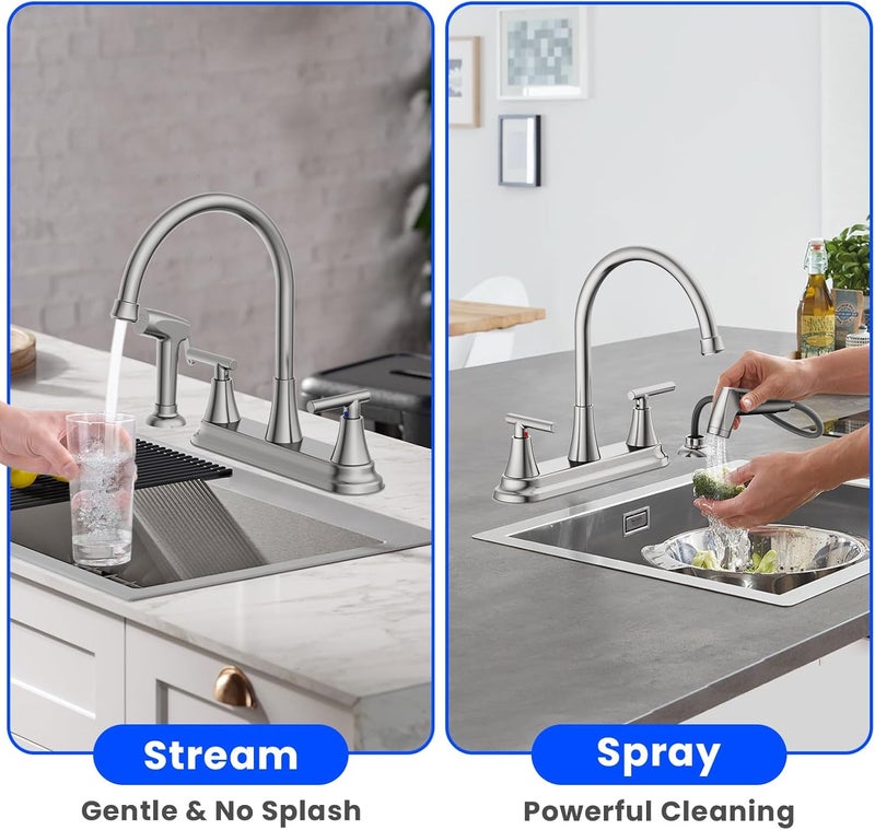 Hurran 2-Handle Kitchen Faucet with Pull-Out Side Sprayer, 8 Inch High Arch Stainless Steel 360°Rotating Kitchen Sink Faucet, 4 Hole Faucet for Kitchen Bar Rv Camper, Nickel - Image 3